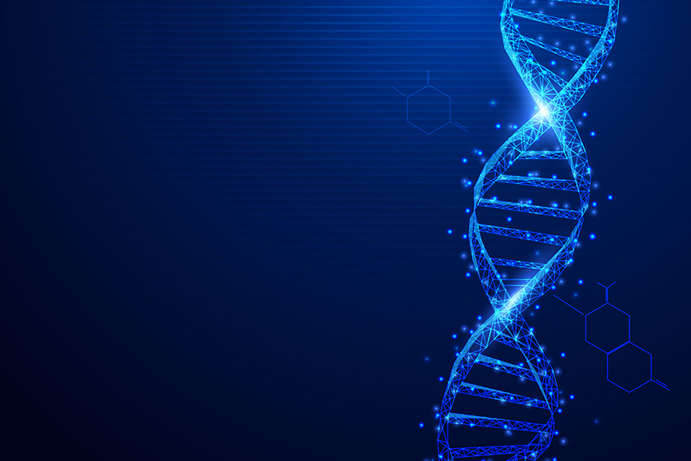Wireframe DNA molecules structure mesh from a starry on blue bac